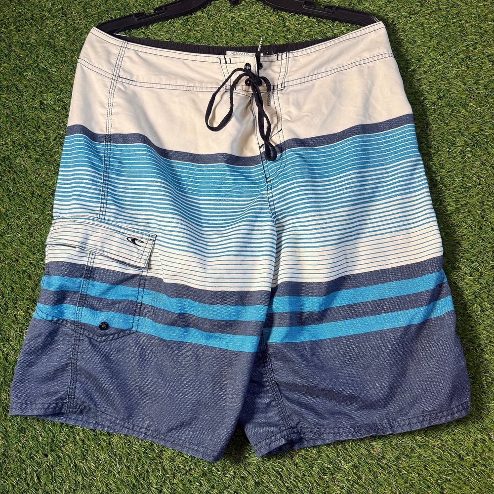 O'Neill Mens Boardshorts 34 Striped Swim Trunks Pocket Blue White Surf‎ Beachwe